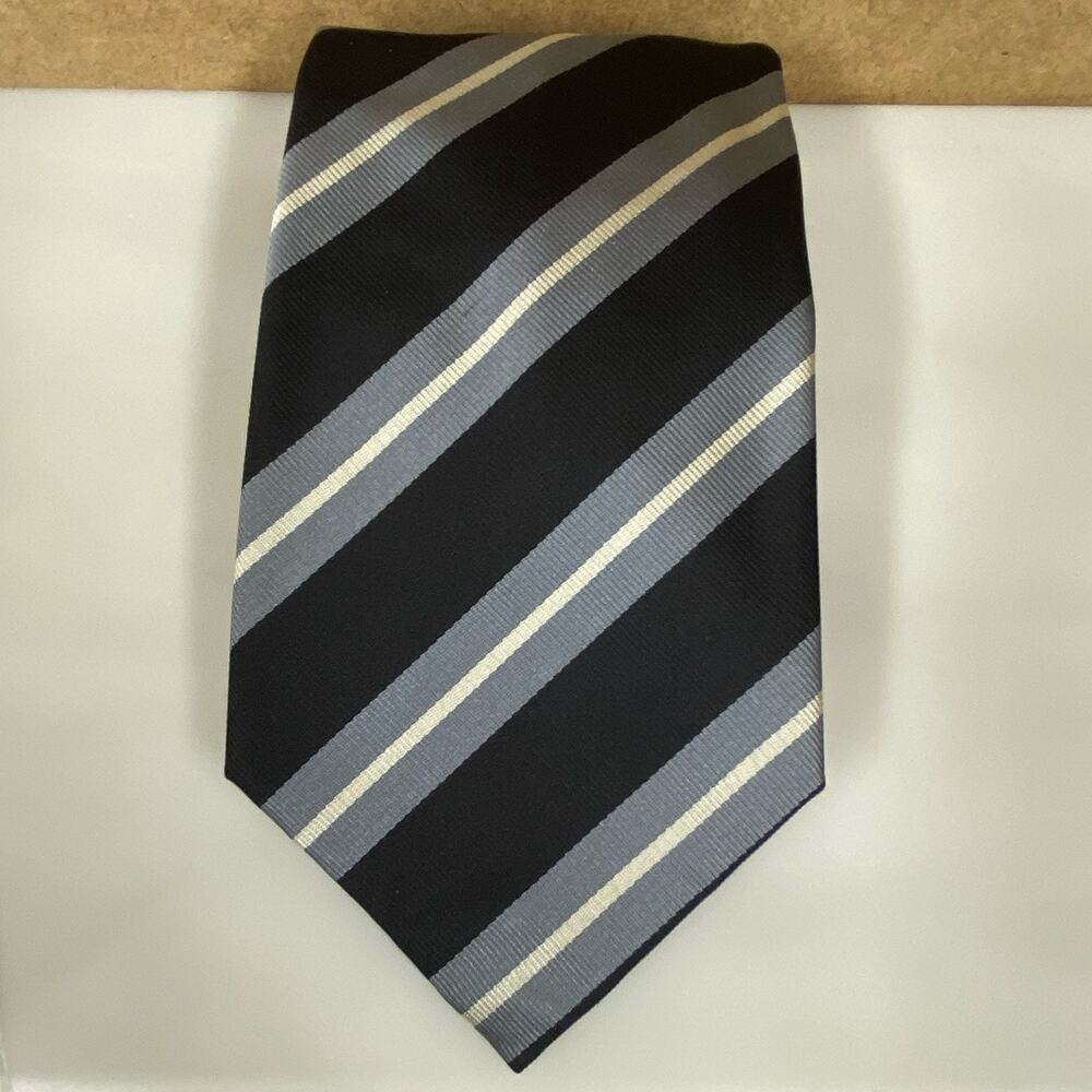 Venanzi Italian Silk Necktie Black Gray White Striped Tie - Read